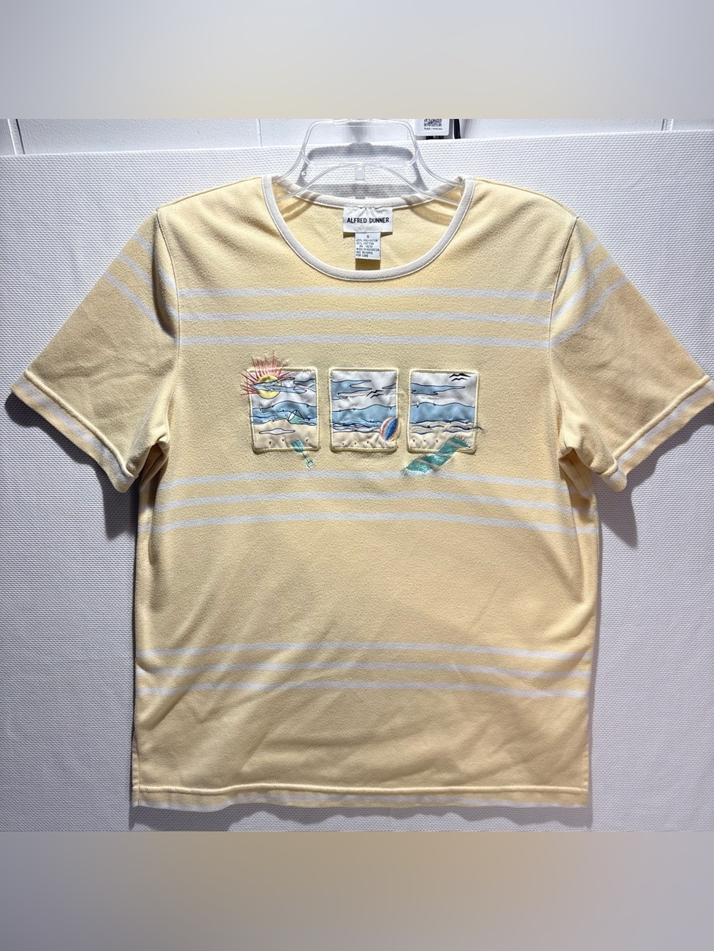 Alfred Dunner Pale Yellow Short Sleeve Tee with Seaside Patch Graphic